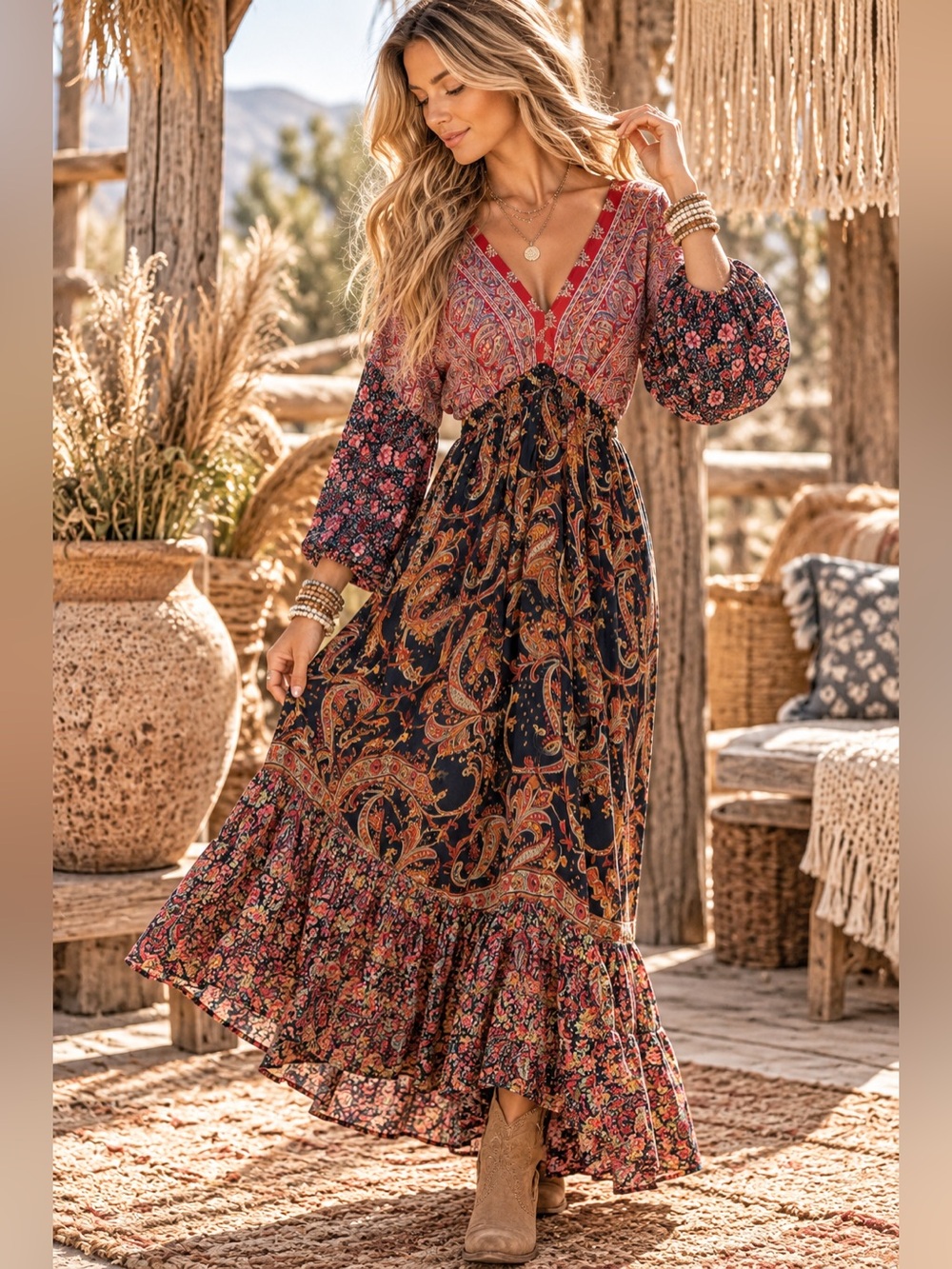 Karma Highway womans Bohemian Paisley Maxi Dress in Red and Black size OS